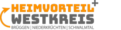 Logo Heimvorteil Westkreis: Schriftzug in Großbuchstaben "Heimvorteil" (orange), darunter "Westkreis" (grau), oben rechts Pluszeichen in grau, unten Schriftzug "Brüggen, Niederkrüchten, Schwalmtal", davon ausgehend oranger Pfeil links nach oben