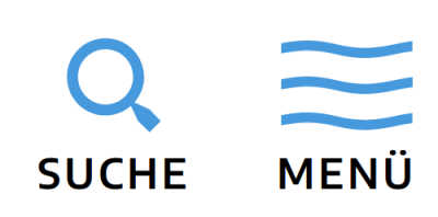 Blaue Lupe, darunter in schwarzer Schrift "Suche", rechts davon drei wellige, blaue Linien untereinander, darunter in schwarzer Schrift "Menü"