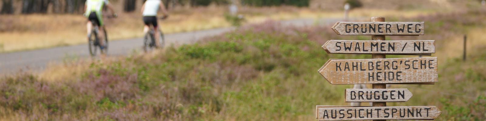 Panoramabild mit hölzernem Wegweiser Richtung Grüner Weg, Swalmen in den Niederlanden, Kahlberg´sche Heide, Brüggen und Aussichtspunkt im Vordergrund. Hinten Radeln zwei Menschen durch die Heide