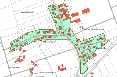 Kartenauszug mit Parzellen teils grün markiert mit Gebäuden in rot