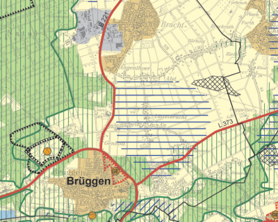 Kartenauszug Gemeindegebiet mit verschieden großen, farbigen Flächen zur Ausweisung der Raumnutzung, unten links Beschriftung "Brüggen", rote Linien für Bundes- und Landesstraßen, blaue und grüne Linien im Bild, alle Beschriftungen in schwarz oder hellgrau