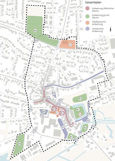 Kartenauszug Ortsteil Brüggen mit weißem Hintergrund, grauen Formen für Gebäude und Gewässer in hellblau eingegrenzt durch schwarze, gestrichelte Linie mit verschieden farbigen Flächen mit schwarzen Nummern in weißen Kreis, oben rechts Legende zum "Gesamtplan": lila Flächen für "Aufwertung öffentlicher Räume", grüne Flächen für "Aufwertung grüner Räume", orange Flächen für "Städtebauliche Aufwertung" und blaue Flächen für "Verkehrliche Aufwertung"