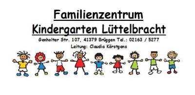 Zentrierter, fetter, unterstrichener Schriftzug "Familienzentrum Kindergarten Lüttelbracht", darunter Kontaktdaten zentriert "Genholter Str. 107, 41379 Brüggen Tel.: 02163 / 5277, Leitung: Claudia Körstgens", unten Reihe von neun bunten, verschiedenen kinder-Figuren