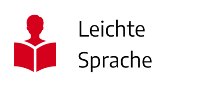 rotes Symbol bestehend aus Kopf eines Menschen und darunter offenes Buch in Richtung des Menschen, rechts schwarzer Schriftzug "Leichte Sprache"