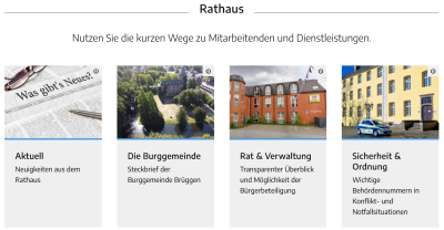 Oben schwarze Linie, mittig in schwarz "Rathaus", darunter schwarzer Einleitungssatz, darunter jeweils vier Bilder mit umkreisten i oben rechts in der Ecke, unterm Bild hellblauer Streifen, darunter hellgraues Rechtseck mit Überschrift und Beschreibung in schwarz, Überschriften: "Aktuell", "Die Burggemeinde", "Rat & Verwaltung", "Sicherheit & Ordnung", Bilder von links nach rechts: Zeitungsausschnitt, Luftaufnahme Burggelände, Gebäude Verwaltungsstelle Bracht, gelbes Gebäude Rathaus mit Auto vom Ordnungsamt