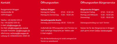 Roter Hintergrund, drei Spalten von Informationen in weißer Schrift, links "Kontakt", darunter Adresse, Telefon, E-Mail und weitere Kontaktdaten, mittig "Öffnungszeiten" vom Rathaus Brüggen, Verwaltungsstelle Bracht, rechts "Öffnungszeiten Bürgerservice" mit Hinweis auf Online-Terminvergabe