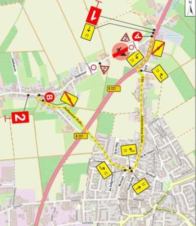 Kartenauszug Bracht Ausrichtung Norden mit unterschiedlich großen, farbigen Flächen, z.B. grün für Wald- & Grünflächen, Gebäude als graue Formen, weiße Streifen sind Gemeindestraßen, hell rote Streifen Bundesstraßen, Straßennamen in schwarz, gelb markierter Bereich Heidhausener Straße ist Umleitungsstrecke, entlang der Strecke gelbe Rechtecke mit schwarzem U & Pfeilen, links rotes Rechteck mit 2 & roter Kreis mit B Anfang der Sperrung, rechts oben rotes Rechteck mit 1 & roter Kreis mit A Ende der Sperrung