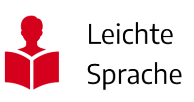 rotes Symbol bestehend aus Kopf eines Menschen und darunter offenes Buch in Richtung des Menschen, rechts schwarzer Schriftzug "Leichte Sprache"