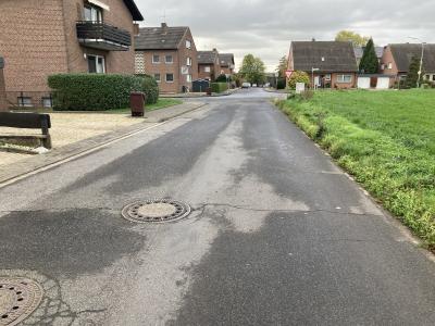 Panoramabild eines Wohngebietes: mittig grau asphaltierte Straße mit zwei Kanaldeckeln führt zu einer Kreuzung mit Verkehrsschildern rechts und links, rechts von der Straße grüne dicht bewachsene Wiese, links von der Straße grau gepflasterter Gehweg, Einfahrt mit Kies, braune Mülltonne, Vorgarten und Mehrfamilienhaus, im Hintergrund verschiedene Häuser, Straße mit parkenden Autos und teilweise Pflanzenbewuchs, oben grau dichtbewölkter Himmel