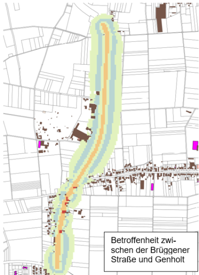 Kartenauszug mit farbig markierten Bereichen für Straßenverkehrslärm, mittig von oben nach unten oranger Streifen mit roten Stellen, links und rechts davon: schmaler hellgrüner Bereich, hellblauer Bereich, breiterer hellgrüner Bereich, weiße Flächen, Beschriftungen und Linien zum Ausweisen der Grundstücke und weiteren Anlagen in schwarz, braune und pinke Formen für Gebäude, unten rechts weißes Rechteck mit schwarzem Rahmen und schwarzer Schrift „Betroffenheit zwischen der Brüggener Straße und Genholt“