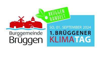Logo Burggemeinde Brüggen rechts mit roten Gebäuden (Torschänke, Brachter und Brüggener Mühle und Burg) in einer Reihe, darunter blau, gewellter Streifen, darunter in schwarzer Schrift "Burggemeinde Brüggen", rechts davon blaues Rechtseck mit weißer, schwarzer und roter Schrift in Großbuchstaben "So, 01. September 2024 1. Brüggener Klimatag ", darunter schwarzer Schriftzug "Klimaschutz-Brüggen.de“, links oben im blauem Rechteck grünes Etikett mit zwei grünen Blättern an weißem Kreis und weiße Großbuchstaben