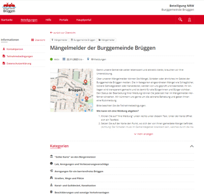 Auszug Internetseite Mängelmelder: oben links Logo Burggemeinde Brüggen, oben rechts „Beteiligung NRW Burggemeinde Brüggen“, darunter roter Balken mit weißer Schrift für Unterseiten, Symbole Lupe und Person, linke Spalte „Informationen“ & in rot „Kontaktperson“, „Teilnahmebedingungen“, „Datenschutzerklärung“, rechte breite Spalte Überschrift „Mängelmelder der Burggemeinde Brüggen, darunter Balken mit Status, Datum & Anzahl Meldungen, Bild links, rechts Text, darunter „Kategorien“, 6 Kategorien mit Bildern 