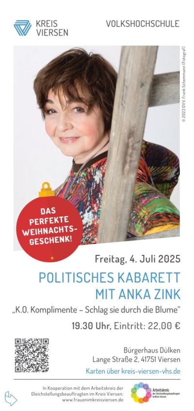 Flyer, weißer Hintergrund, oben link Logo Kreis Viersen, oben rechts „Volkshochschule“, darunter Bild von Frau mit braunen Haaren, bunten Oberteil angelehnt an Holzleiter, unten im Bild rote Weihnachtsbaumkugel mit weißer Schrift „Das perfekte Weihnachtsgeschenk“, darunter Datum, Titel der Veranstaltung, Eintrittspreis und Ort in schwarzer und blauer Schrift, unten links schwarz-weißer QR-Code, unter schwarzen Strich Kooperationshinweis und Logo Arbeitskreis der Gleichstellungsbeauftragten im Kreis Viersen 