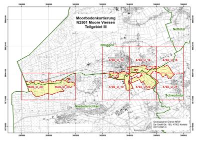 Zu sehen ist eine Karte des Teilgebietes 3 des Kreis Viersens. Die Ortschaften Brüggen, Nettetal, Schwalmtal und Niederkrüchten sind mit schwarzen Linien eingegrenzt. Im Grenzgebiet Brüggen und Niederkrüchten grenzen zwei rote Quadrate die Fläche ein. Ein weiteres Grenzgebiet liegt weiter östlich zwischen Niederkrüchten, Brüggen und Schwalmtal. Hier sind sechs rote Quadrate für die Flächeneingrenzung.