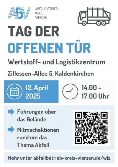 Ein weißer Flyer mit einer dunkel grauen und blauen Schrift ist zu sehen. Der Titel der Veranstaltung ist in Großbuchstaben links oben ausgerichtet. Informationen zu Ort und Zeit stehen darunter. Unten rechts ist ein QR Code zu sehen und oben rechts ein kleines schwarzes Icon eines Müllwagens.