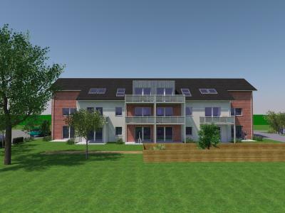 Eine digitale Aufnahme eines neugebauten Mehrfamilienhauses mit rötlichen und braunen Mauersteinen und weißen Bauelementen dazwischen ist zu sehen. Viele Glasfenster sind in fast allen Bereichen zu sehen und sechs Balkone sind vorhanden. Ein Parkbereich ist mit einer asphaltierten Fläche links und rechts vom Haus zu sehen. Ein großes Rasengrundstück ist im Vodergrund und links steht ein Baum.
