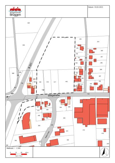 Ein Ausschnitt der Übersichtskarte an der Stiegstraße ist zu sehen. Die Gebäudeflächen sind rot eingefärbt und beinhalten die jeweilige Hausnummer. Die Grundstücksgrenzen werden mit einer schwarzen dünnen Linie markiert mit einer Parzellennummer. Das zu betrachtende Grundstück ist in einer dicken schwarz gestrichelten Linie markiert. Die Straßen haben eine hellgraue Ausfüllung.