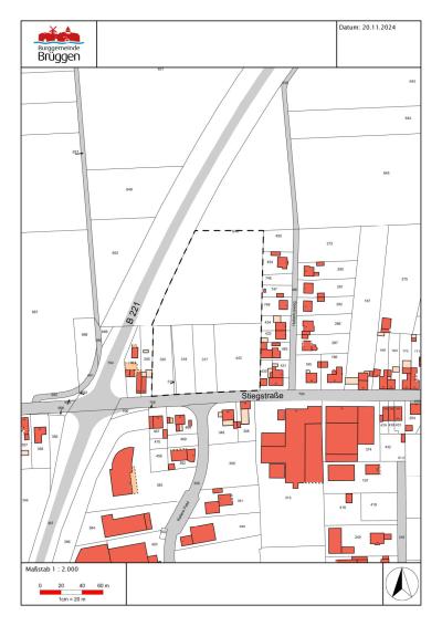 Ein Ausschnitt der Übersichtskarte an der Stiegstraße ist zu sehen. Die Gebäudeflächen sind rot eingefärbt und beinhalten die jeweilige Hausnummer. Die Grundstücksgrenzen werden mit einer schwarzen dünnen Linie markiert mit einer Parzellennummer. Das zu betrachtende Grundstück ist in einer dicken schwarz gestrichelten Linie markiert. Die Straßen haben eine hellgraue Ausfüllung.