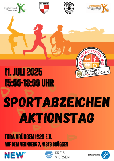Ein orangener Flyer ist zu sehen mit einigen Silhouetten von Personen, die gerade einer sportlichen Tätigkeit nachgehen.