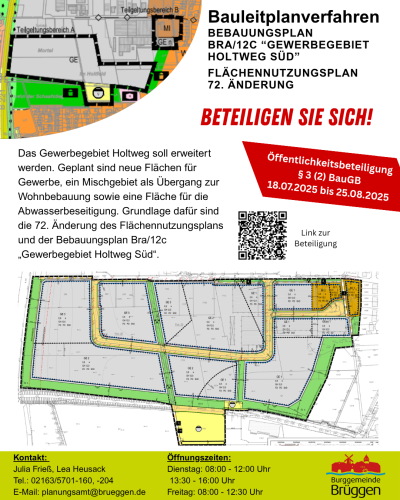 Ein Plakat ist zu sehen. Neben Überschriften die fett gedruckt und teilweise in rot oder schwarz sind, gibt es auch Übersichtskarten, die dort abgebildet sind. Unten auf dem Plakat ist ein hellgrüner Balken zu sehen mit dem Brüggener Logo und den Kontaktdaten und Öffnungszeiten.