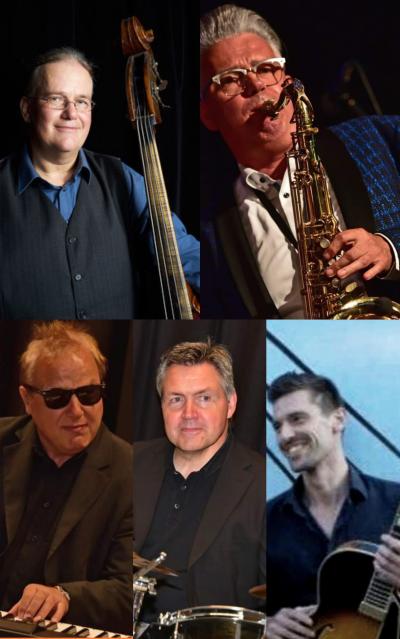 Eine Fotocollage von fünf unterschiedlichen Musikern ist zu sehen. Oben sind zwei Herren mit einem Mikro und einem Streichinstrument. Und unten im Bild sind drei Herren abgebildet.