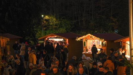 Menschenmenge in dicker Winterkleidung vor beleuchtete Weihnachtsmarkthütten aus Holz, im Hintergrund dichter grüner Strauch- und Baumbewuchs, Weg am Burgweiher mit Straßenlaterne, vorne rechts Stahlstange