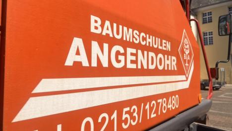 Eine Aufschrift von einem orangenem Bagger ist zu erkennen. Dort steht die Aufschrift der Baumschule Angendohr mit der zugehörigen Telefonnummer in weißer Schrift. Rechts sieht man das gelbe Rathausgebäude.