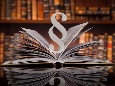 mittig hellgraues Paragraphen-Symbol, dahinter und darunter aufgeschlagenes Buch mit beschriebenen Seiten, die teilweise in der Luft aufgeblättert sind, Teil von Buch und Paragraphen-Symbol spiegeln sich untern, im Hintergrund Bücherregal mit verschiedenen Büchern