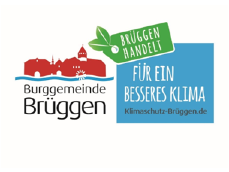 Logo Burggemeinde Brüggen, rechts oben grünes Etikett und darunter blaues Rechtseck mit Schriftzug
