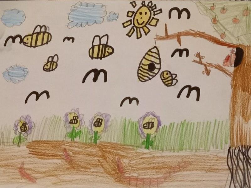 Selbstgemaltes Bild: unten brauner Streifen (Erde), darüber grüner Streifen (Wiese) mit 4 Blumen grüne Stängel und Blätter, lila Blütenblätter, innen gelb, darauf schwarz gelbe Bienen, rechts brauner Balken, braune Streifen nach links und unten (Baum mit Ästen und Wurzeln), an Ast schwarz gelbes Oval (Bienenstock), oben rechts grüne Fläche mit roten Kreisen (Baumkrone mit Äpfeln), oben links: blaue Flächen (Wolken), gelber Kreis mit Strahlen (Sonne), 8 unterschiedlich große M (Vögel), 4 schwarz gelbe Bienen